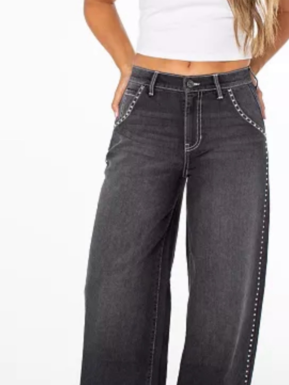 Celebrity Pink Washed Black Wide Leg Jeans with Stud Trim